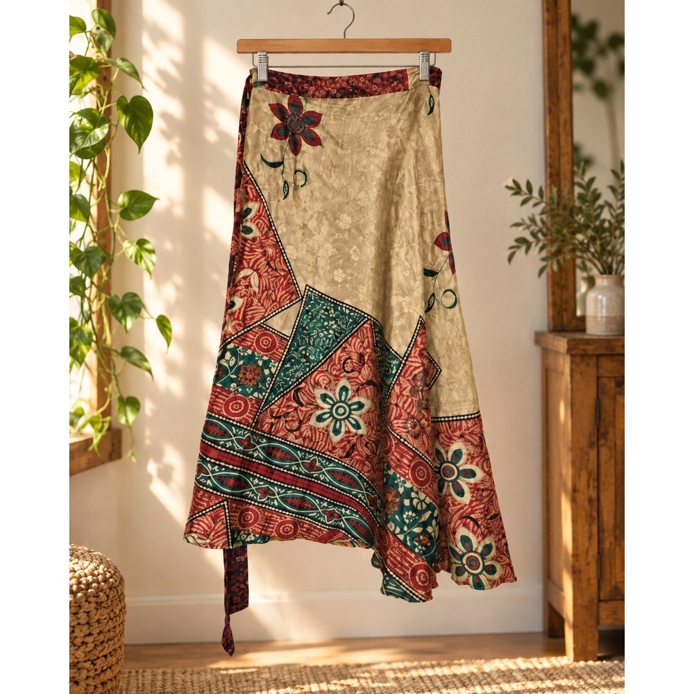 Reversible Indian Sari Wrap Skirt Boho Patchwork Adjustable Festival Art to Wear
